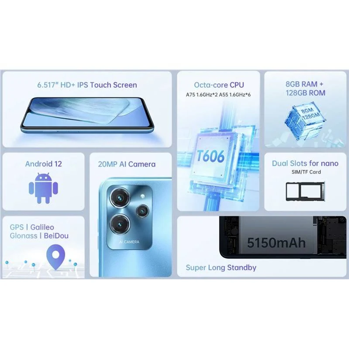 Smartfon ze specyfikacjami, funkcjami i niebiesko-białym interfejsem.