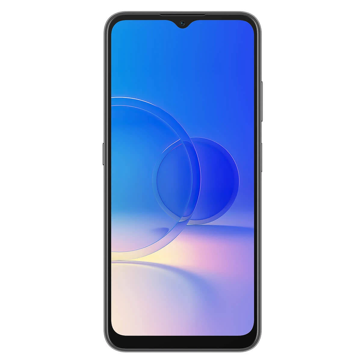 Uno smartphone nero con notch a goccia. Lo schermo mostra uno sfondo astratto blu e bianco.