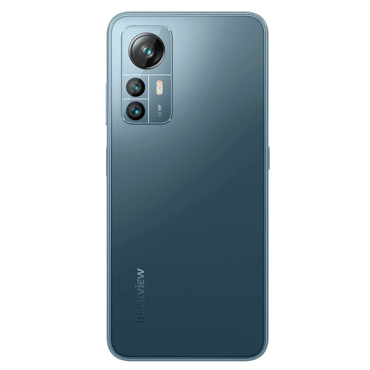 Smartphone Blackview blu, vista posteriore, con fotocamere e il logo Blackview.