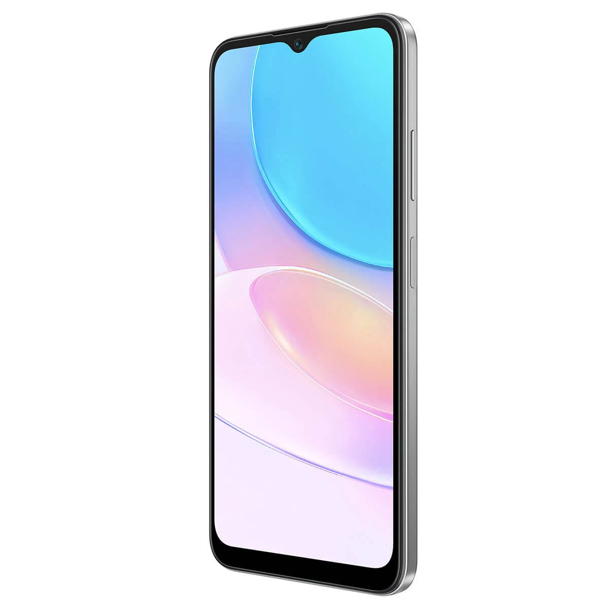 Smartphone argentato. Schermo con immagine astratta colorata. Tasti fotocamera e volume visibili.