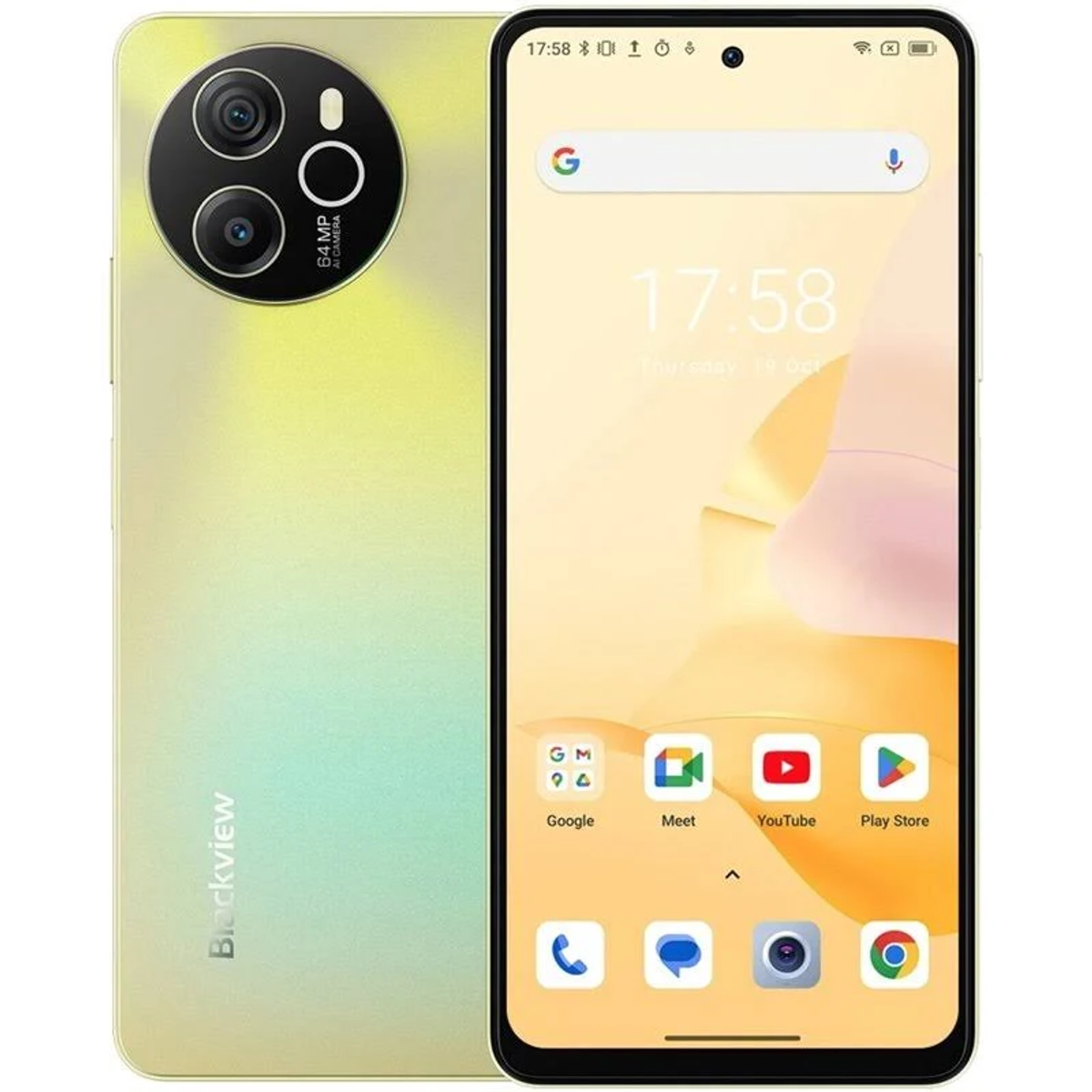 Uno smartphone che mostra il retro con le fotocamere e il fronte che mostra la schermata iniziale.