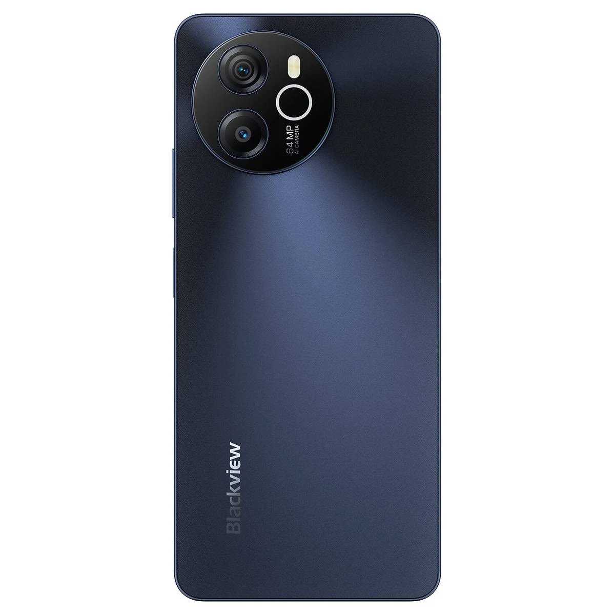 Smartphone blu scuro, vista posteriore, con doppia fotocamera e marchio Blackview.