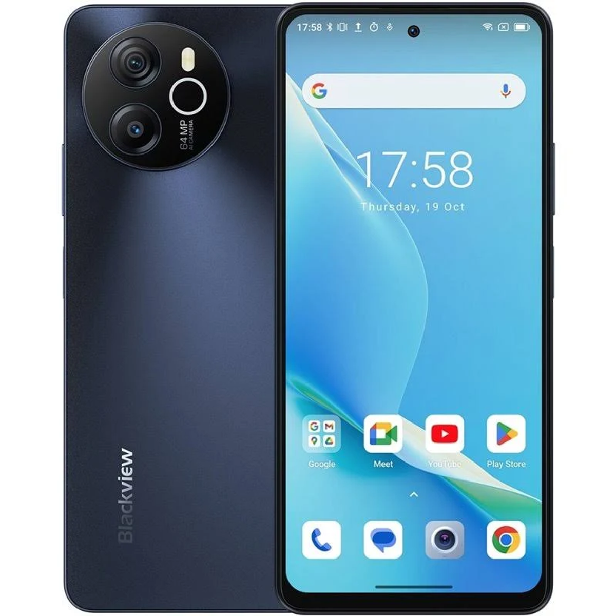 Smartphone nero con tripla fotocamera sul retro e schermo con ora e icone.