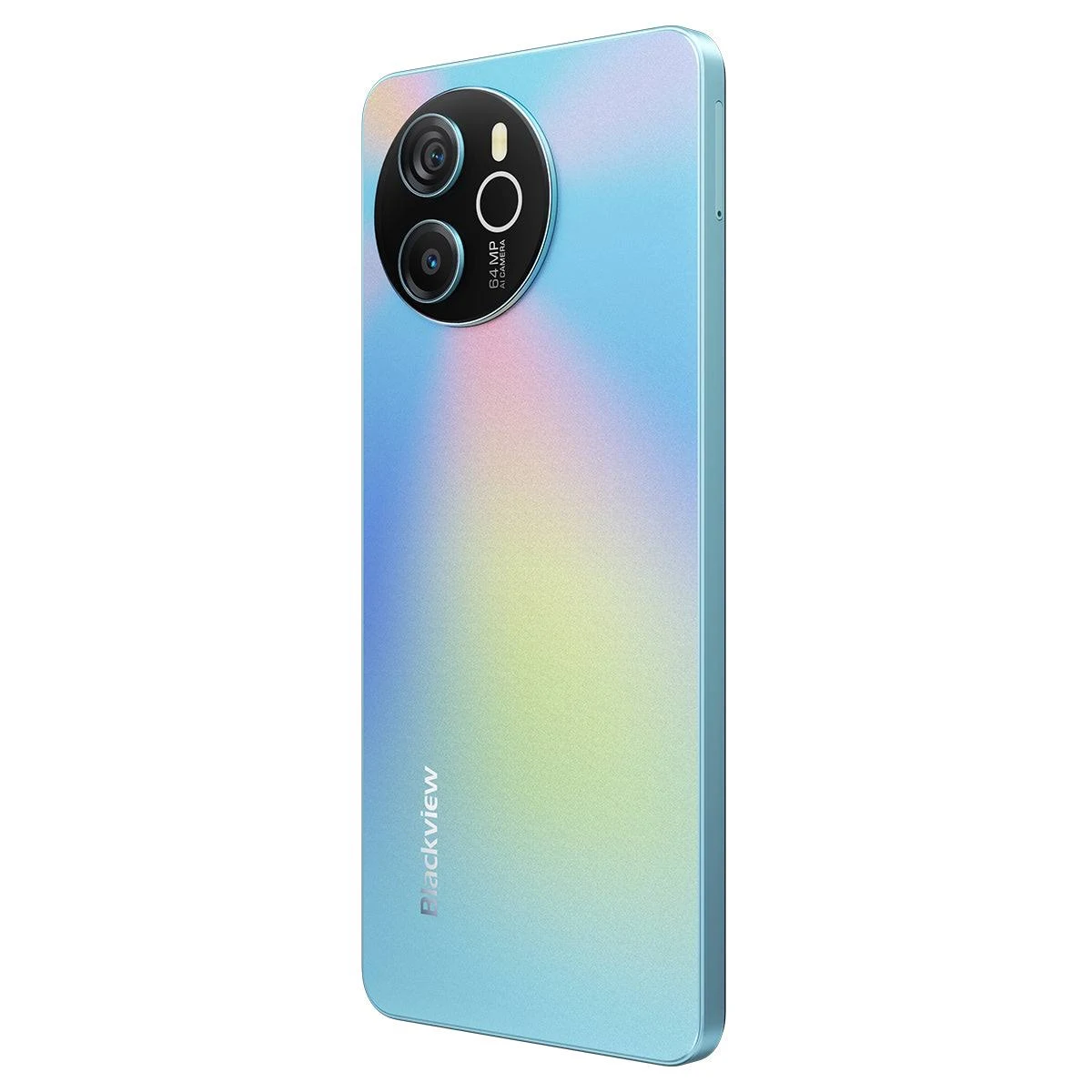 Smartphone sfumato blu, viola e giallo, con modulo fotocamera e logo Blackview.