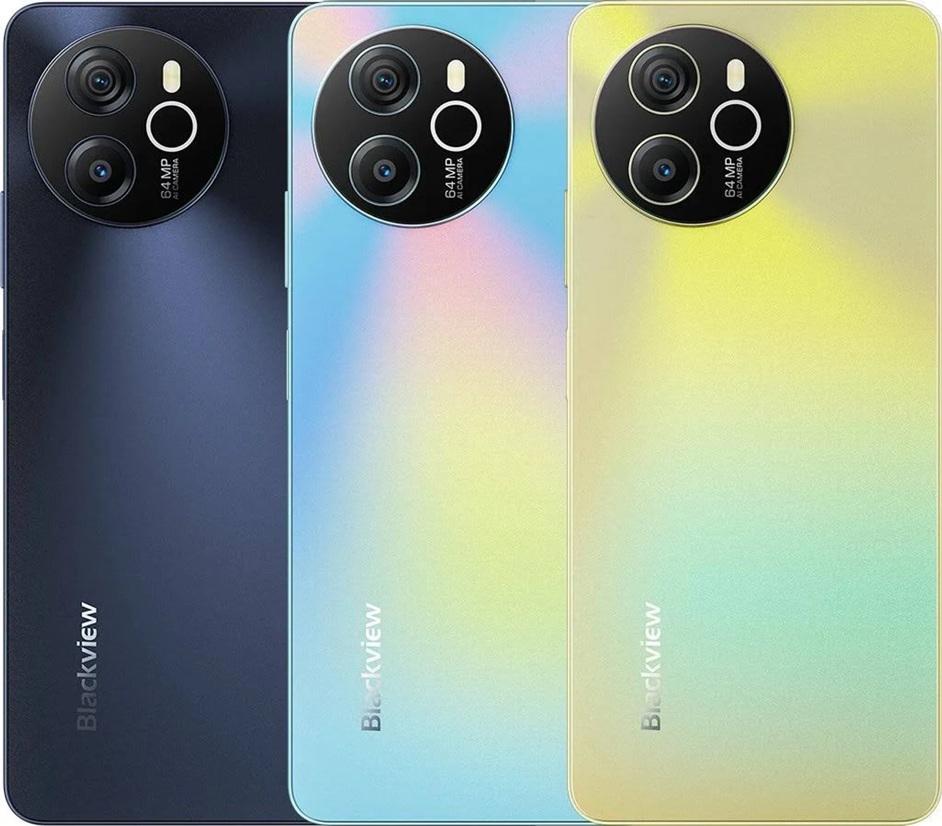 Tre smartphone in diversi colori: blu scuro, azzurro e giallo. Il logo Blackview è visibile.