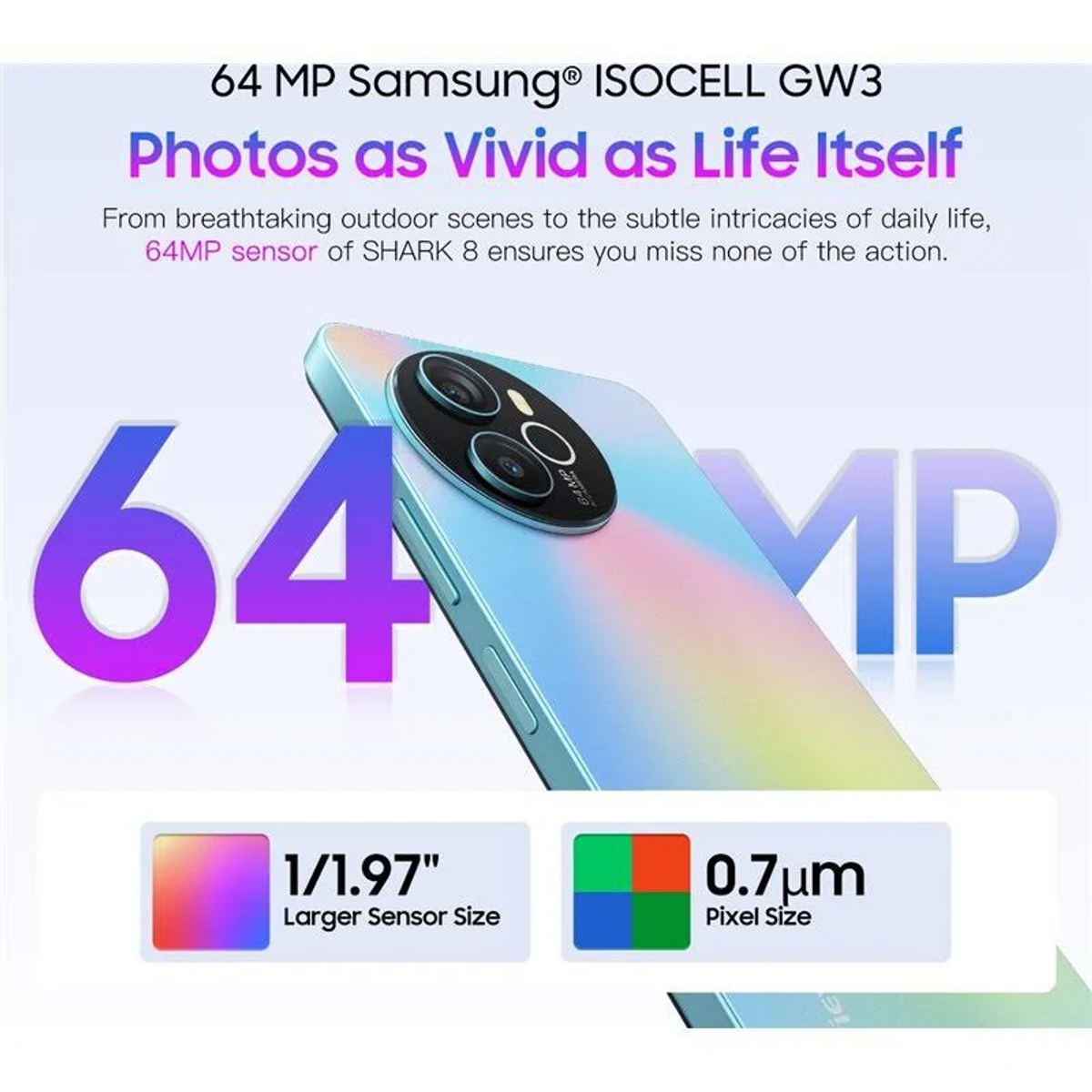Smartphone con tripla fotocamera, colori sfumati e testo "64 MP" a caratteri grandi.