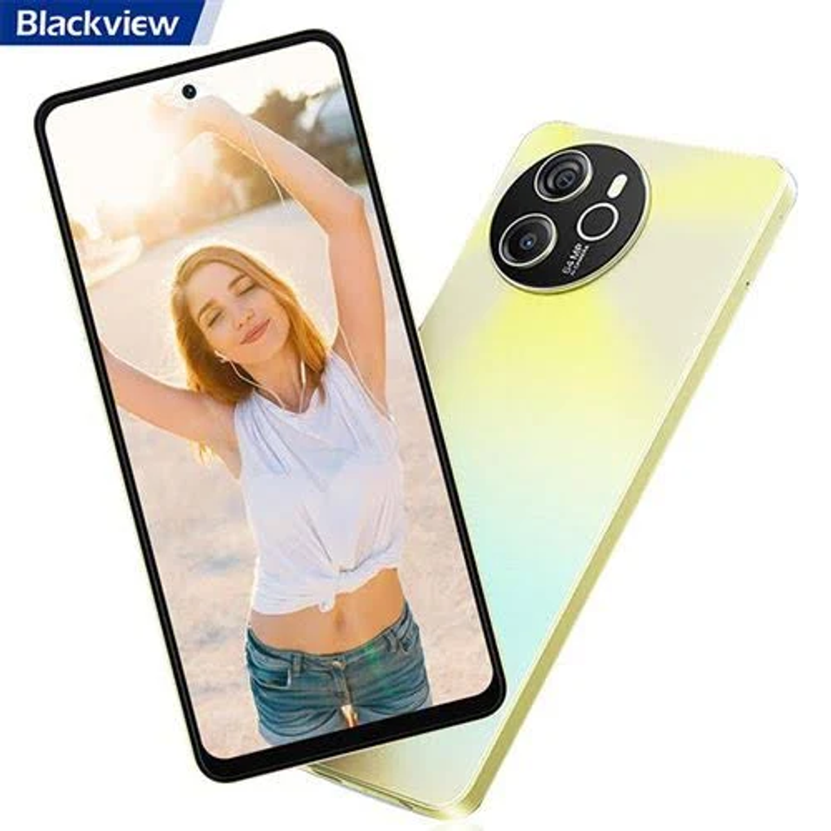 Uno smartphone con l'immagine di una donna sullo schermo. Il telefono è giallo e ha più fotocamere.