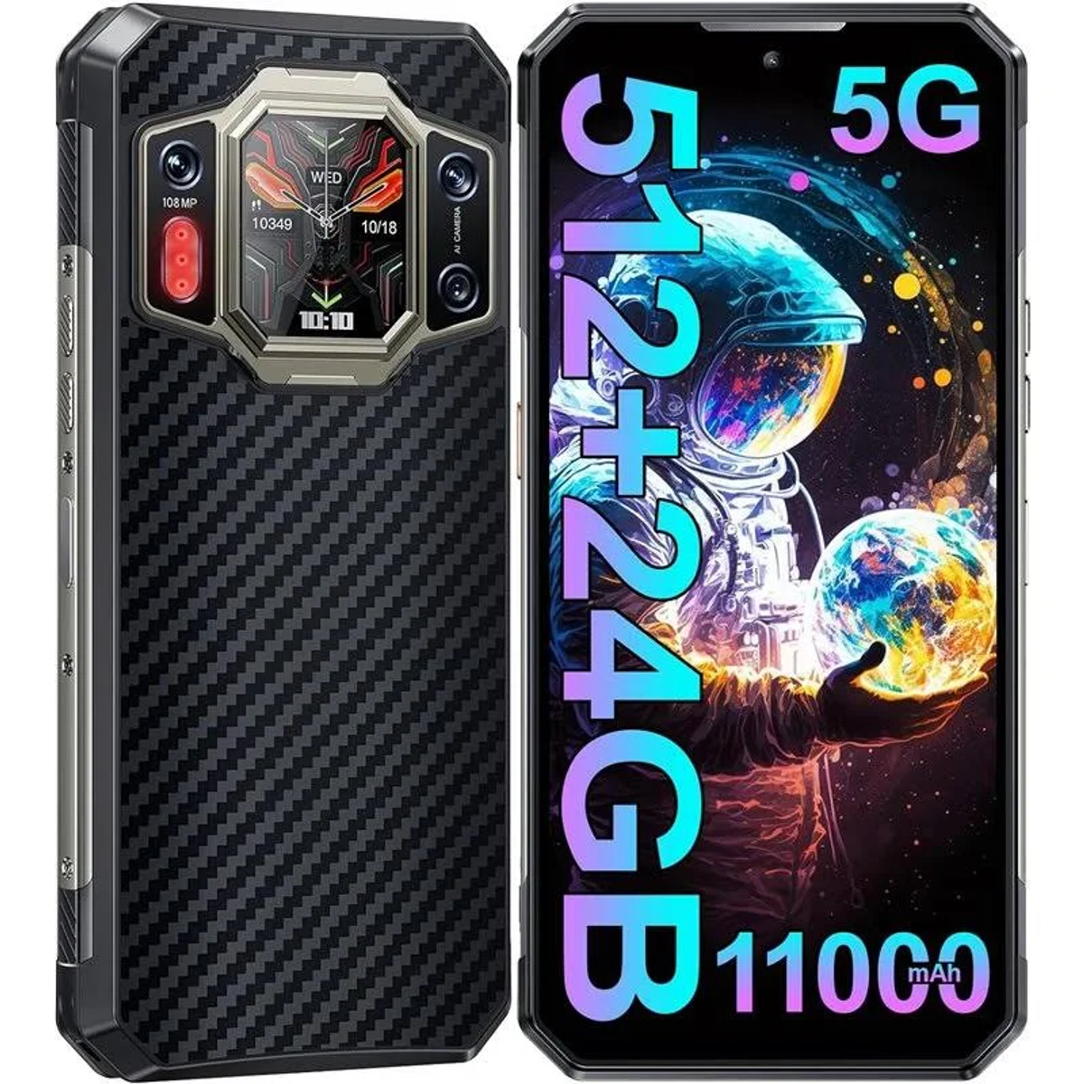 Czarny i szary smartfon z dużym ekranem. Wytrzymała konstrukcja. Białe tło.