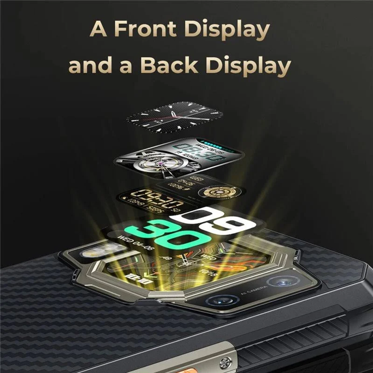 Smartwatch pokazujący dwa ekrany. Jeden z zegarem, a drugi z krokami na teksturowanym tle.