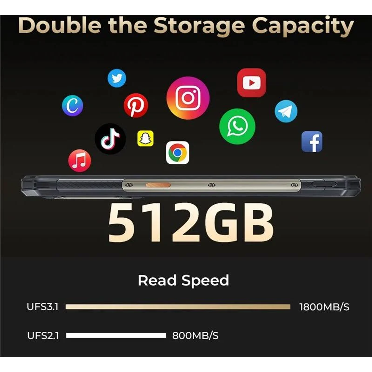 Telefon z ikonami aplikacji, 512 GB pamięci, prędkość odczytu UFS3.1 i UFS2.1. Czarne tło.