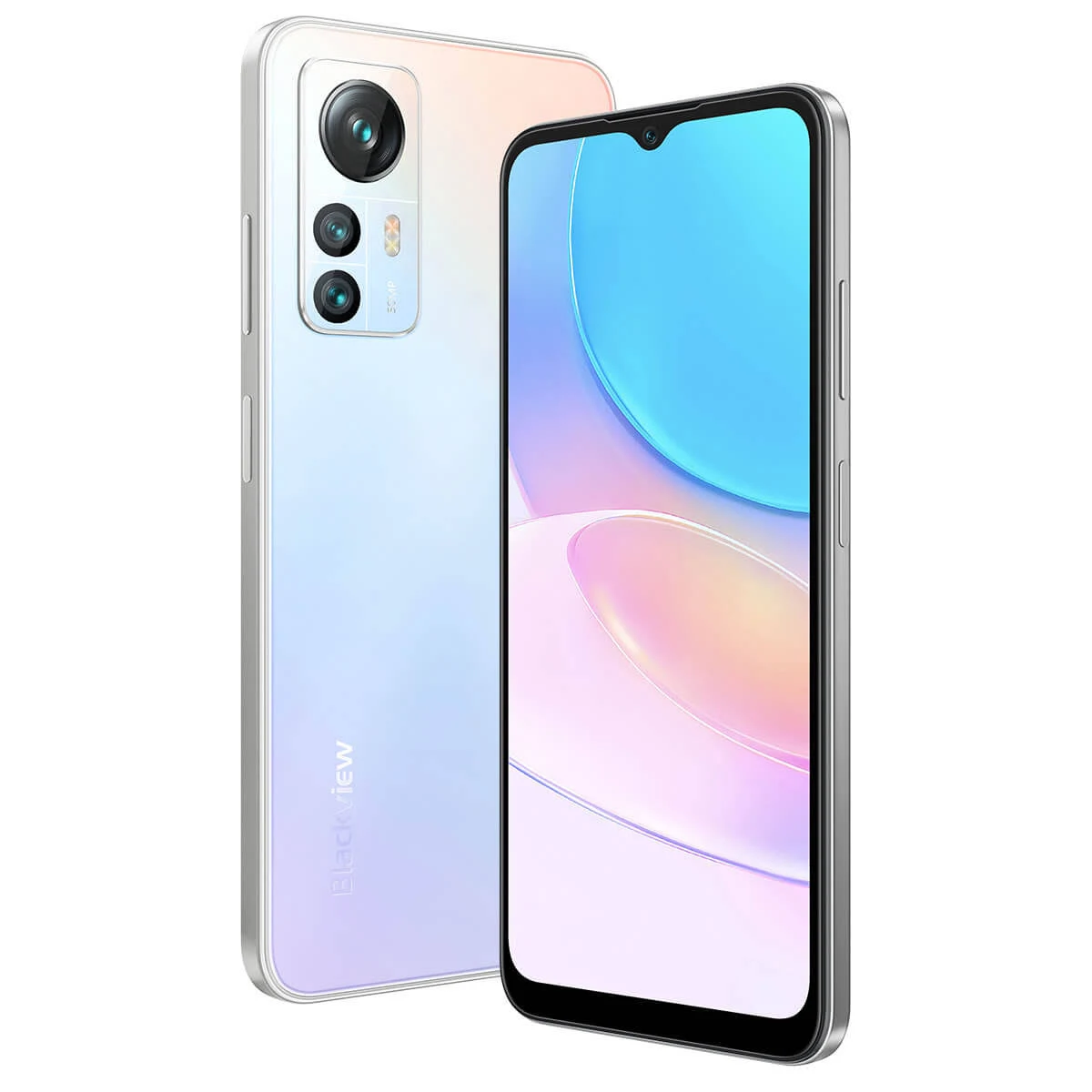 Weißes Blackview Smartphone, Rück- und Vorderansicht, Kameras, Bildschirm zeigt UI.