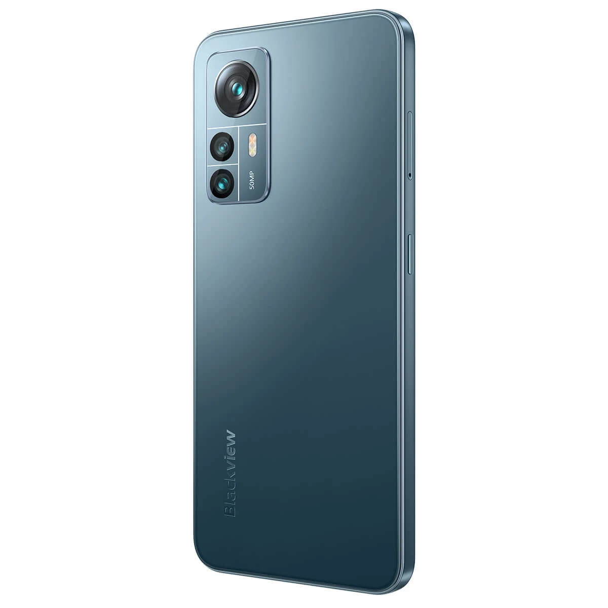 Smartphone-Rückansicht, teal-farben, mit Kameramodul und Blackview-Logo unten.