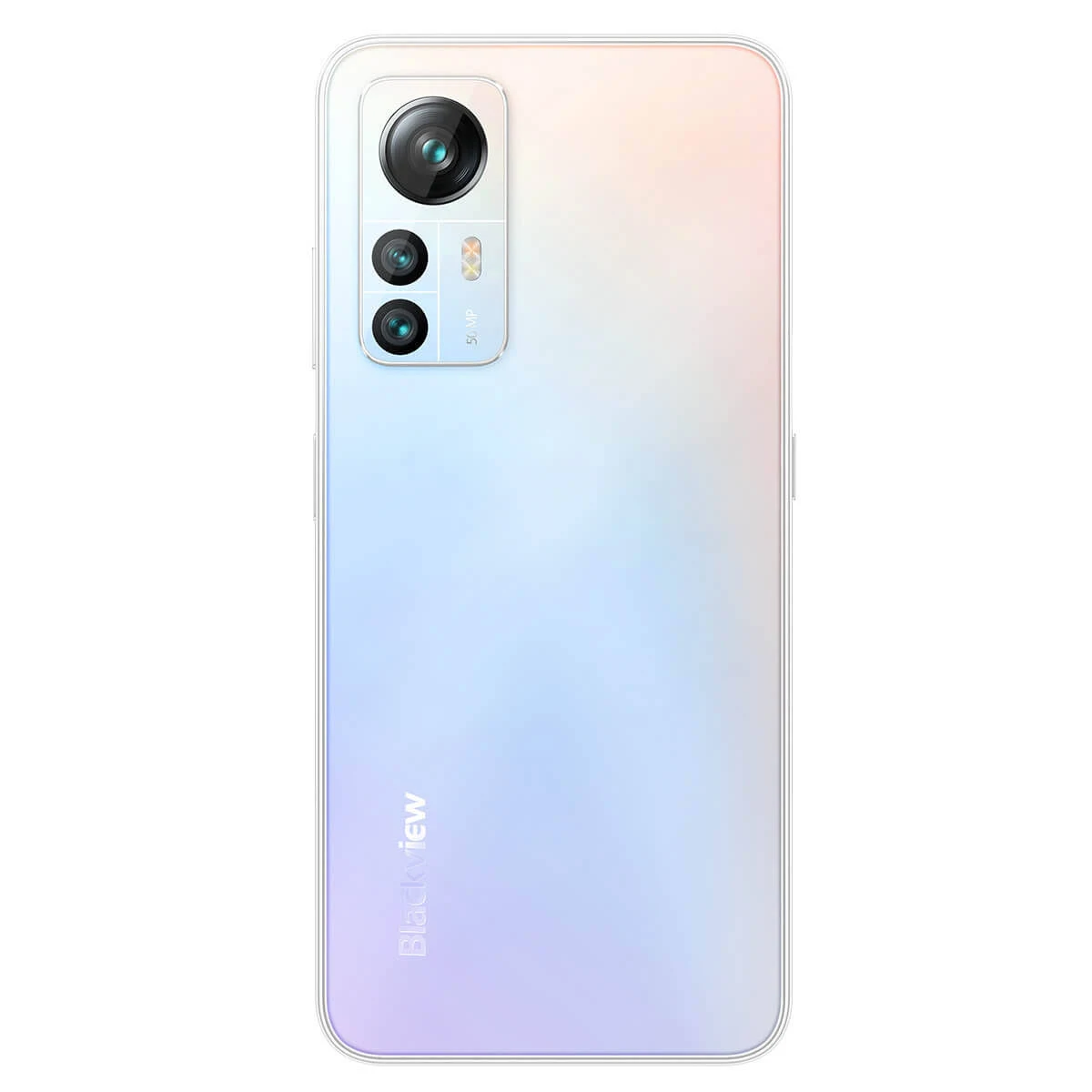 Weißes Telefon mit drei Kameras, Blackview-Logo. Farbverläufe auf der Rückseite.