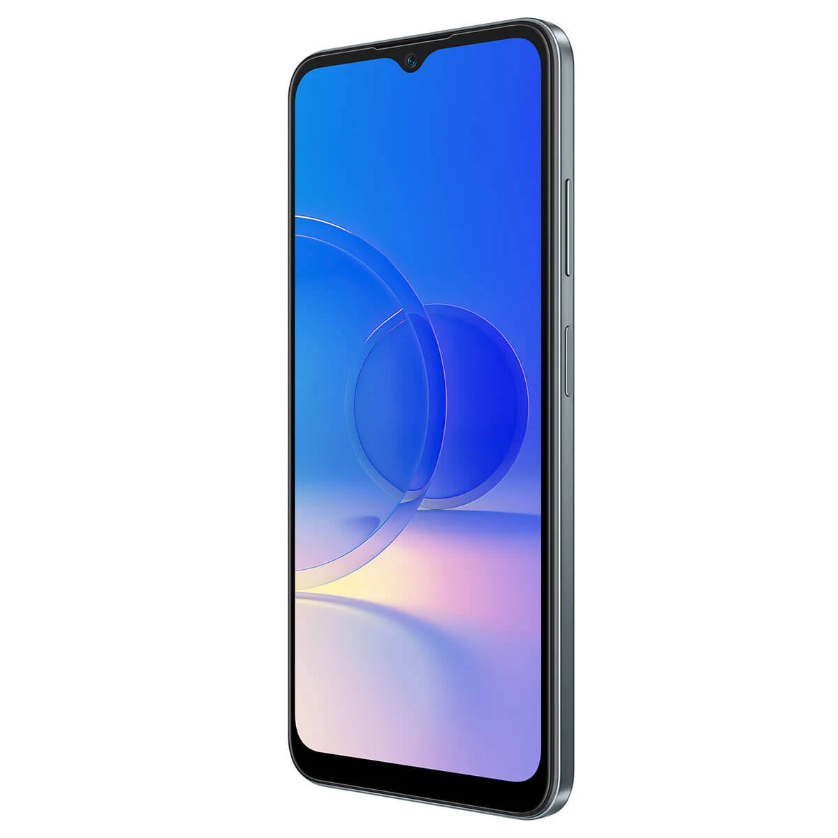 Dunkelgraues Smartphone, diagonale Ansicht. Bildschirm zeigt einen blauen Farbverlauf mit zwei weißen, gebogenen Linien.