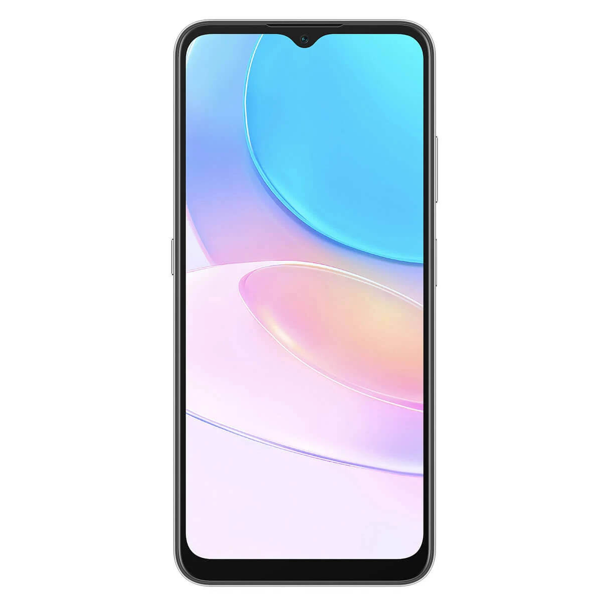 Ein schwarzes Smartphone. Der Bildschirm zeigt ein blaues, weißes und rosa abstraktes Design. Das Telefon hat eine Wassertropfen-Notch.