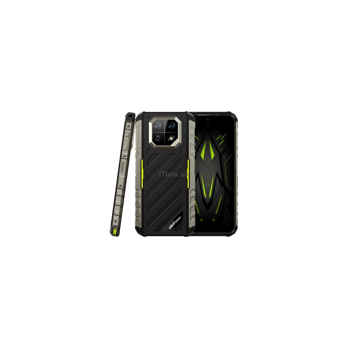 Wytrzymały czarny smartfon z wystającą kamerą, zielonymi akcentami. Ma widok z boku i widok ekranu.