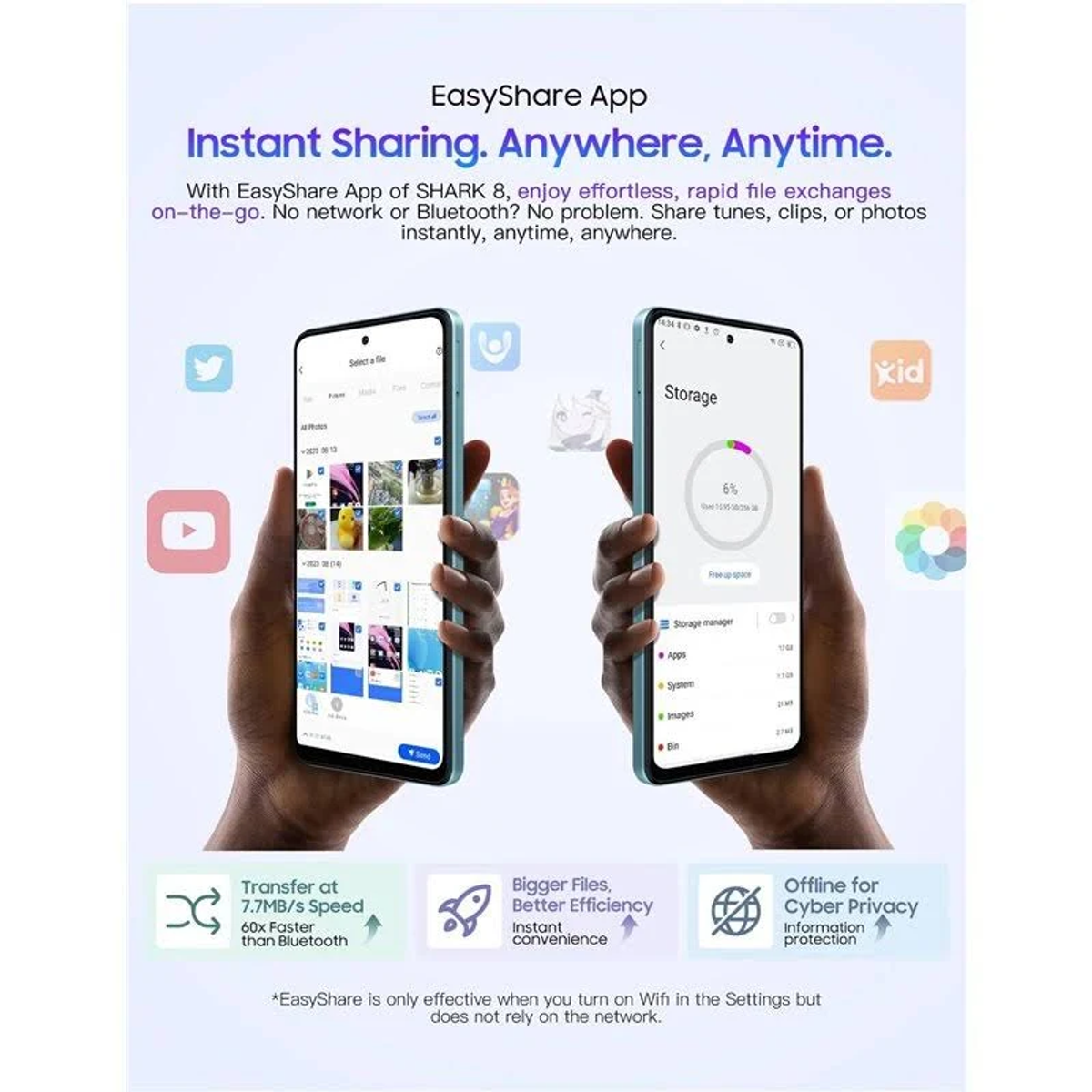 Due telefoni con app. Uno mostra immagini, l'altro informazioni di archiviazione.