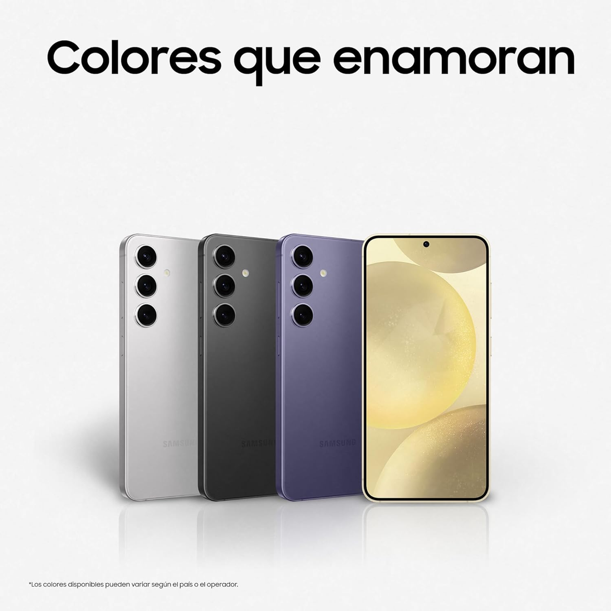 Cuatro smartphones en diferentes colores: plata, gris, púrpura y negro, sobre fondo blanco.