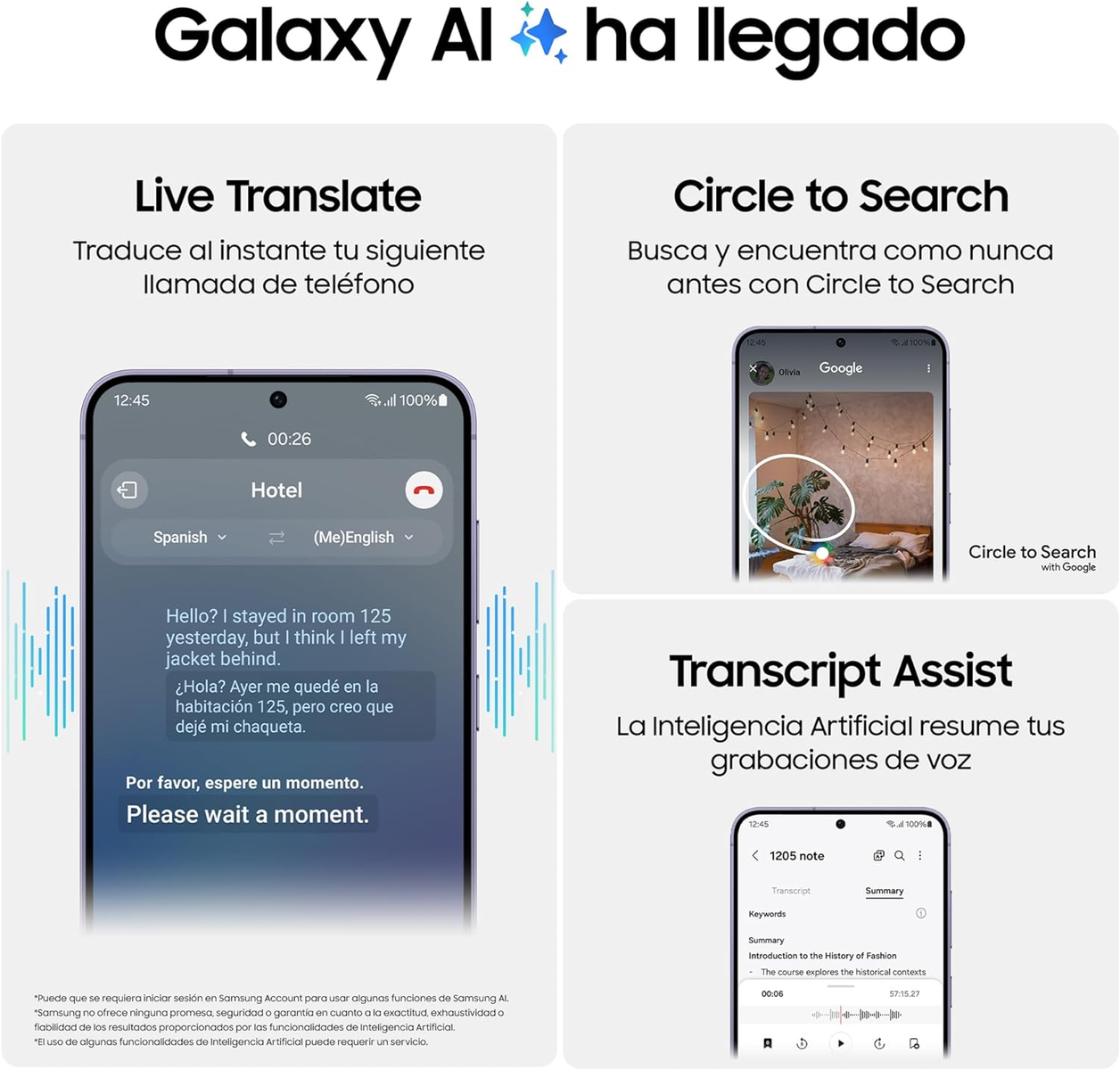 Imagen con teléfono y texto que muestra las funciones de Galaxy AI.