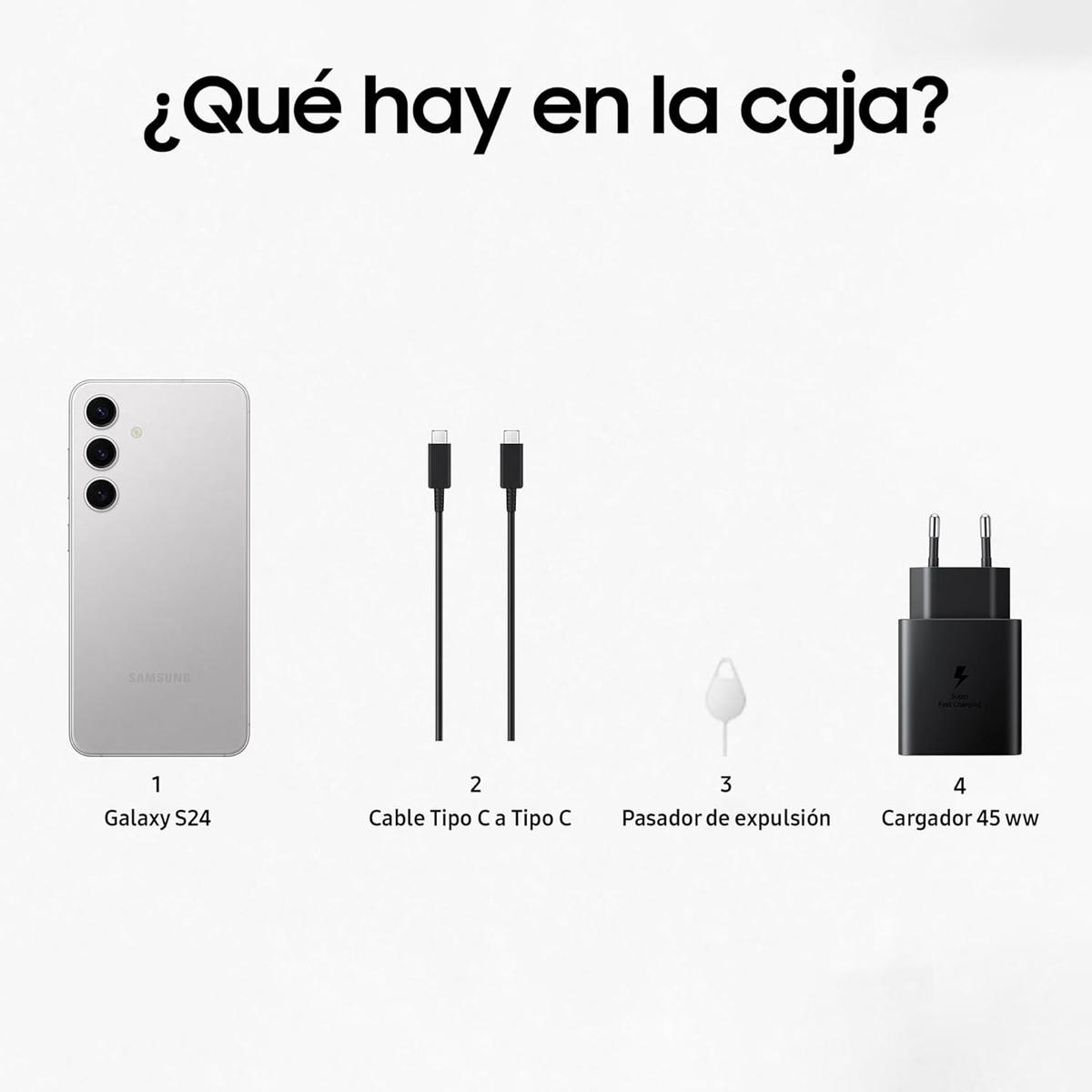 Contenido de la caja: Teléfono, cargador, cables y pasador de expulsión. Texto dice: ¿Qué hay en la caja?
