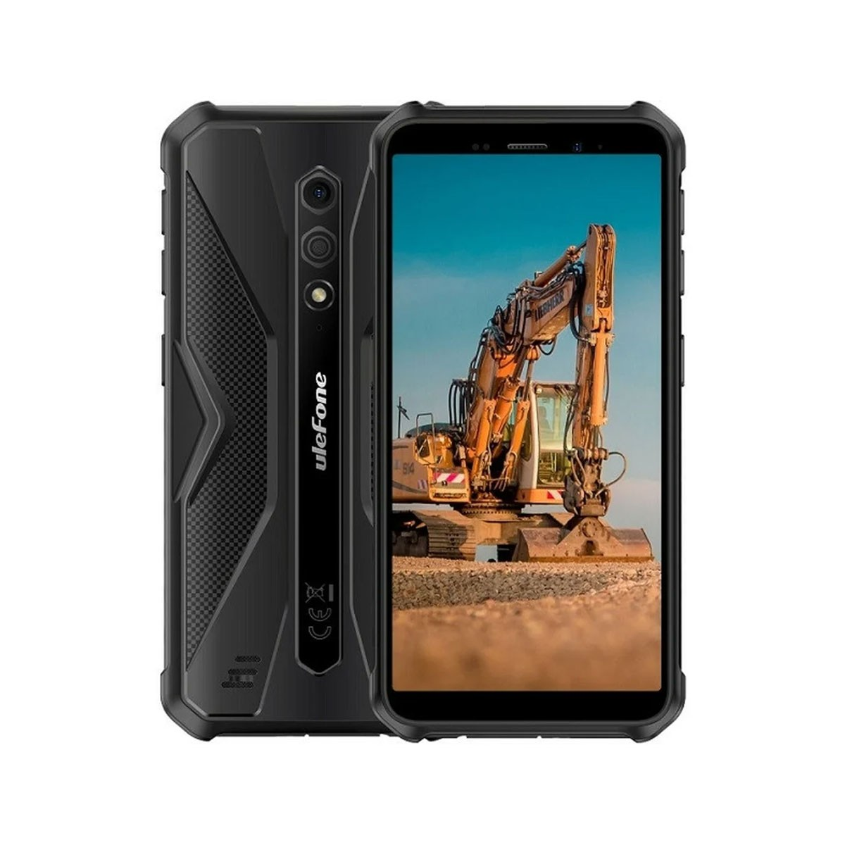 Zwarte robuuste smartphone, voor- en achteraanzicht, met een bouwplaats op het scherm.