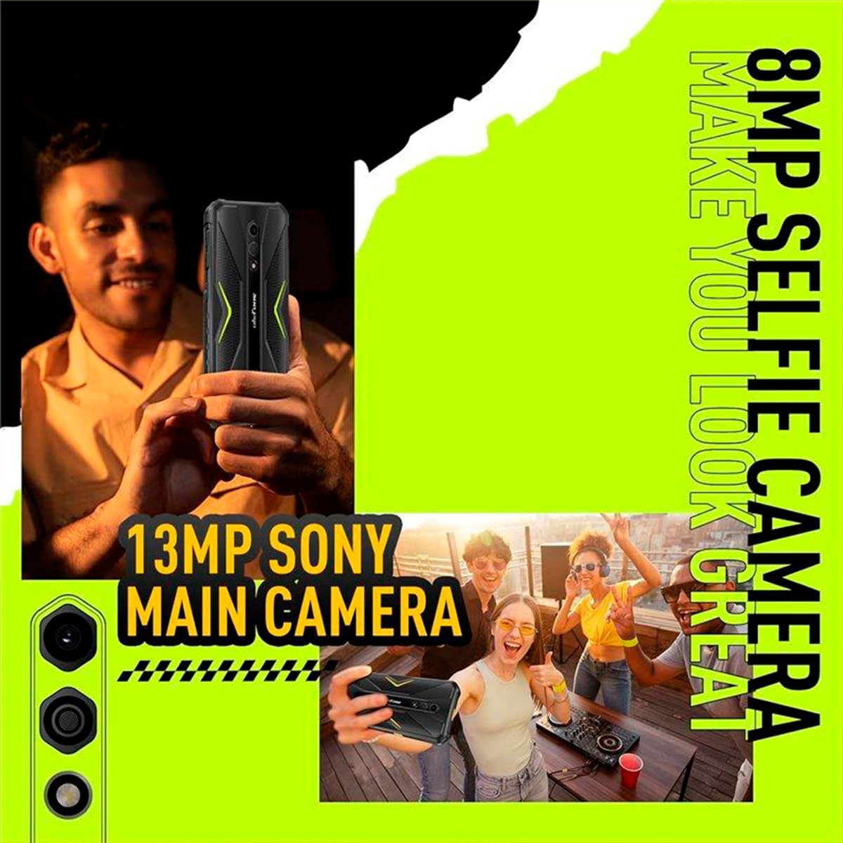 Mężczyzna trzyma telefon, grupa robi selfie. Tekst: Aparat do selfie 8MP, aparat główny 13MP. Jasnozielone tło.