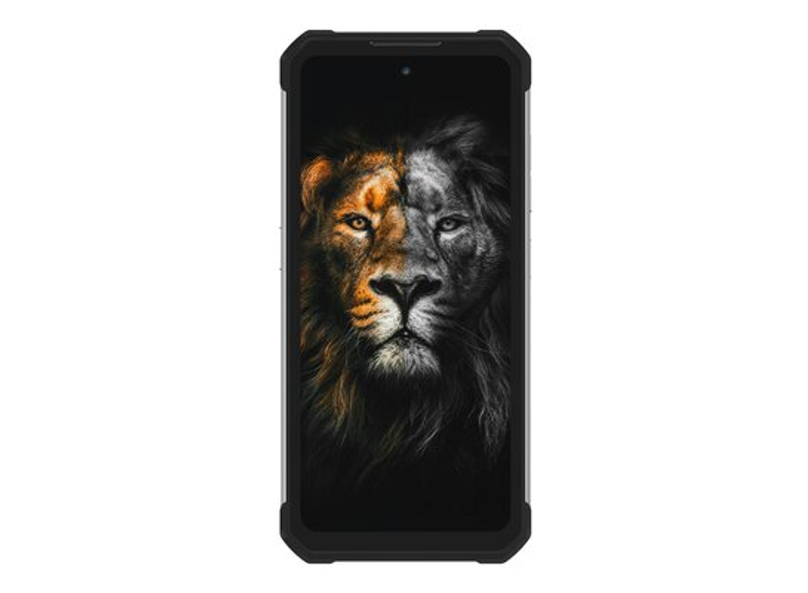 Smartfon wyświetlający twarz lwa podzieloną na pół, z jednej strony pomarańczową, z drugiej szarą.