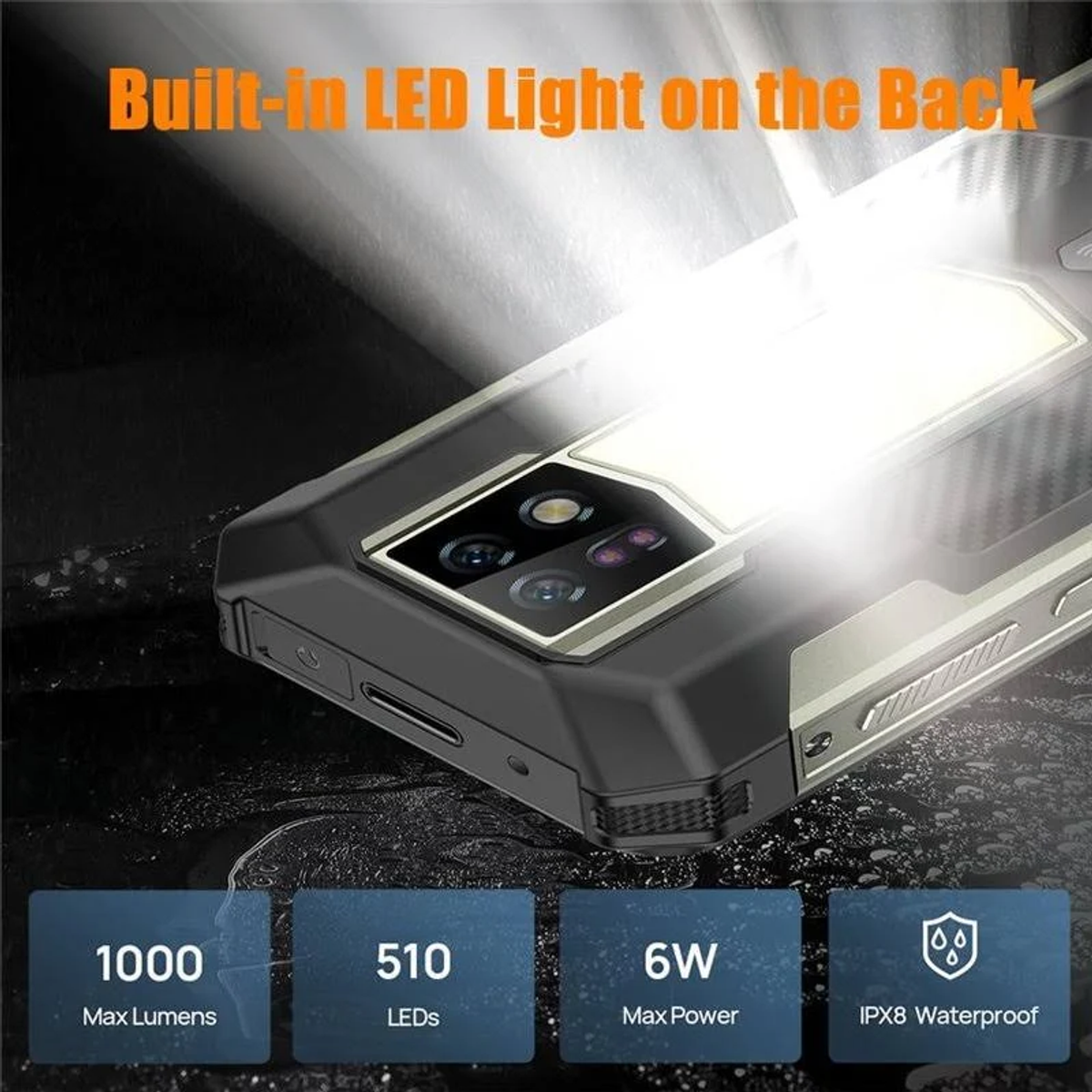 Tył telefonu z lampą błyskową. Tekst: 1000 lumenów, 510 diod LED, moc 6W, wodoodporność IPX8. Ciemne tło.