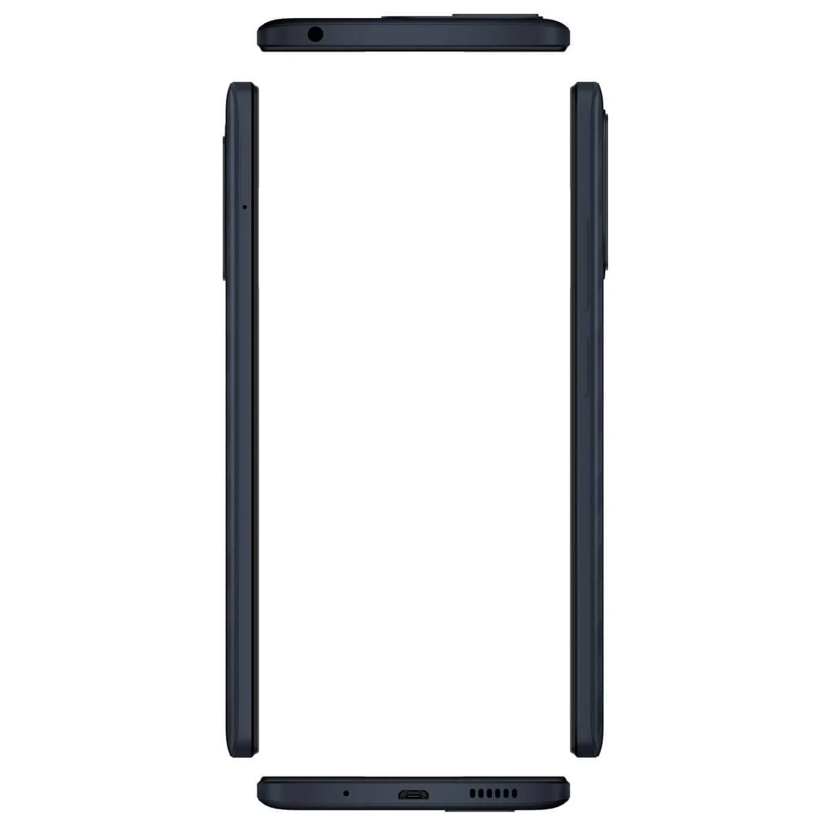 Smartphone in vista dall'alto. Bordi e parte superiore visibili. Design minimalista. Colore nero.