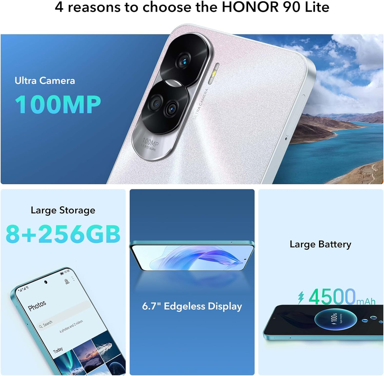 Layout con telefono HONOR 90 Lite, mostrando fotocamera, display, memoria e batteria.