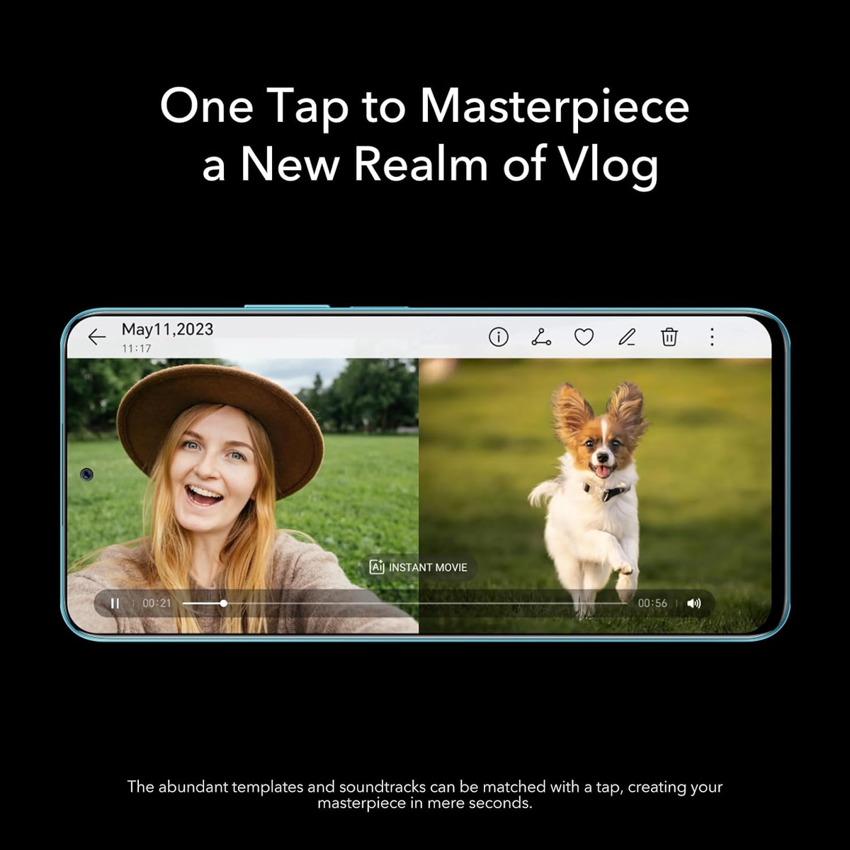 Schermo del telefono mostra video di donna e cane. Testo: "One Tap to Vlog."