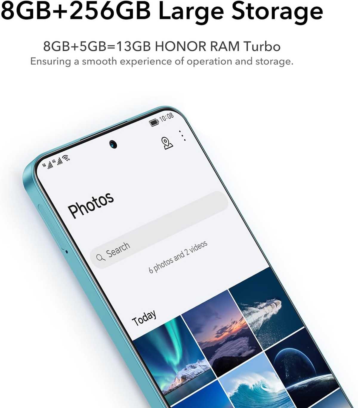 Telefono blu con schermo che mostra l'app Foto, testo: 8GB+256GB Large Storage.