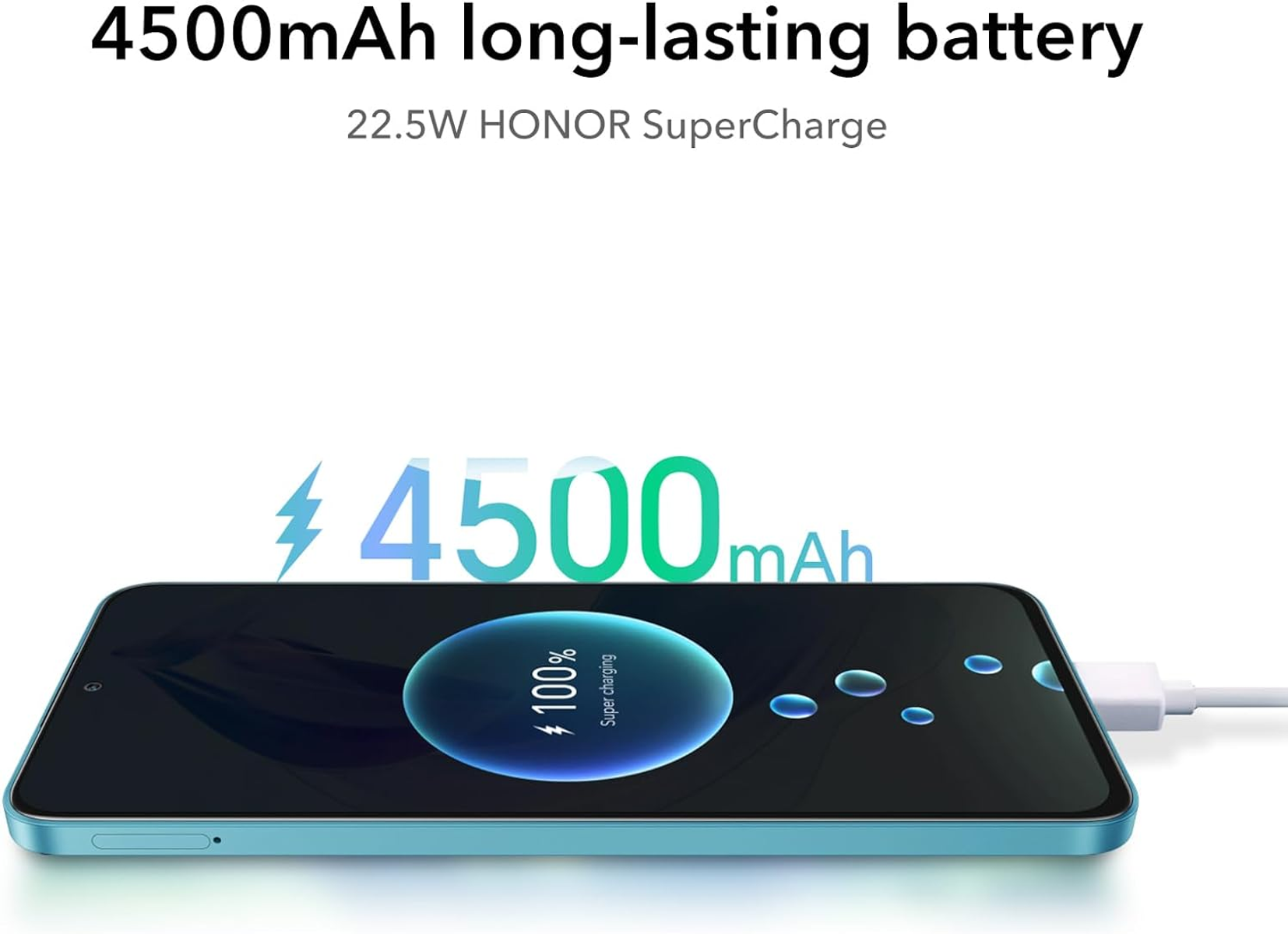 Un telefono si sta caricando. È blu. Lo schermo mostra un simbolo di ricarica e la scritta 4500mAh.