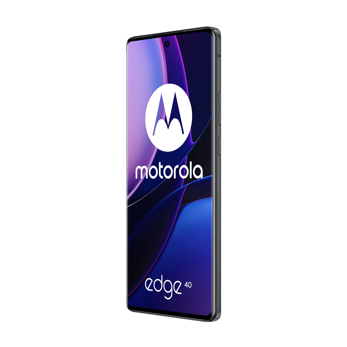 Smartphone Motorola Edge 40, cornice nera, display schermo viola e blu, logo Motorola bianco.