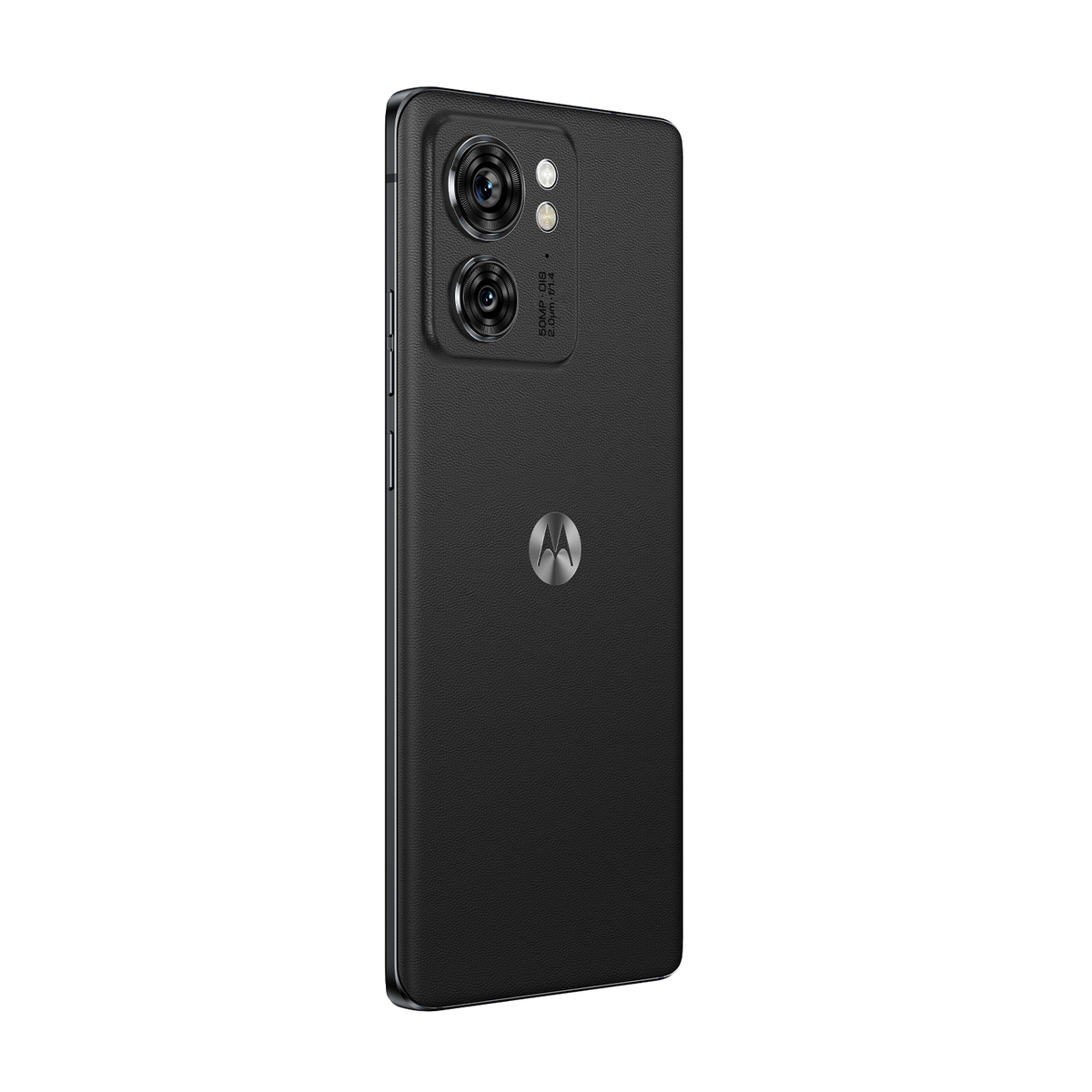 Retro del telefono nero con doppia fotocamera, logo Motorola. Superficie strutturata.