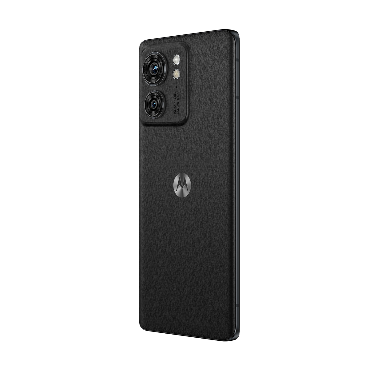 Telefono nero con doppia fotocamera. Retro strutturato con logo Motorola.