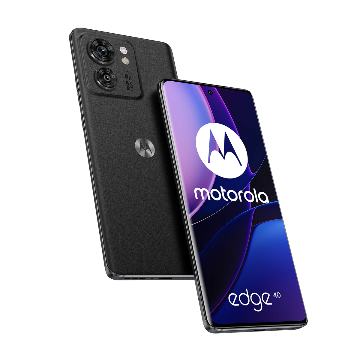 Smartphone Motorola nero con doppia fotocamera, display con logo Motorola.