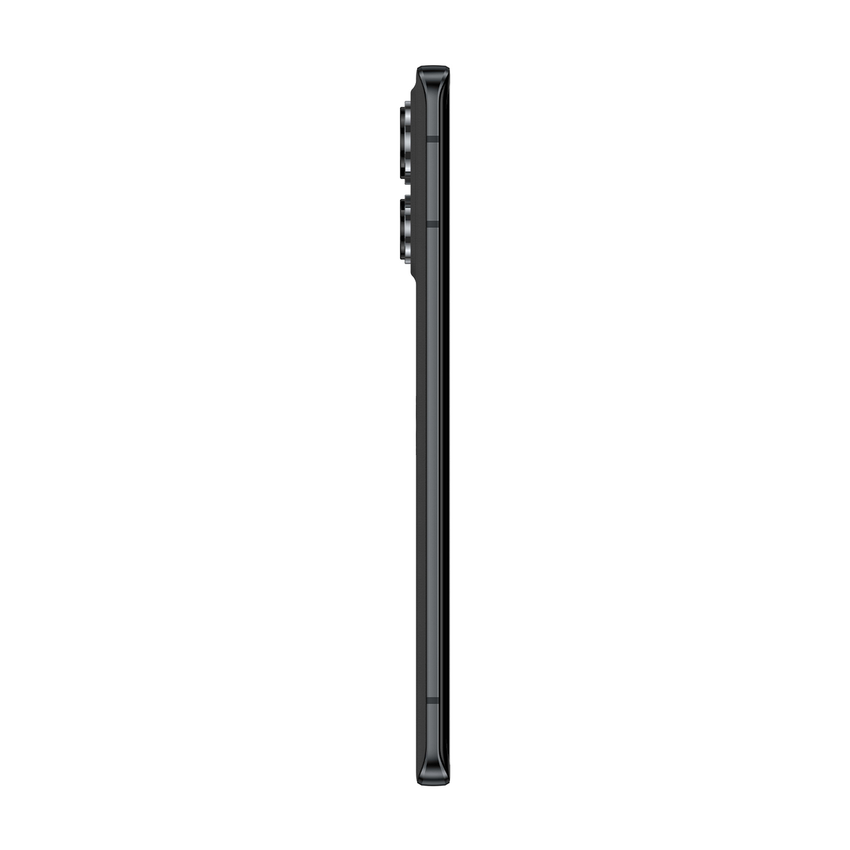 Smartphone nero, vista laterale, che mostra lo spessore e il modulo fotocamera.