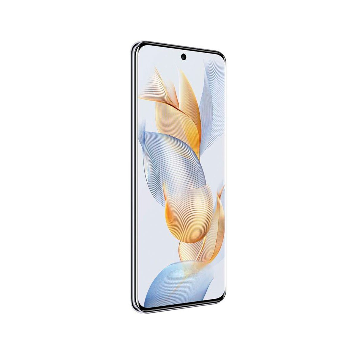 Smartfon z zakrzywionym ekranem i dekoracyjnym abstrakcyjnym tłem.