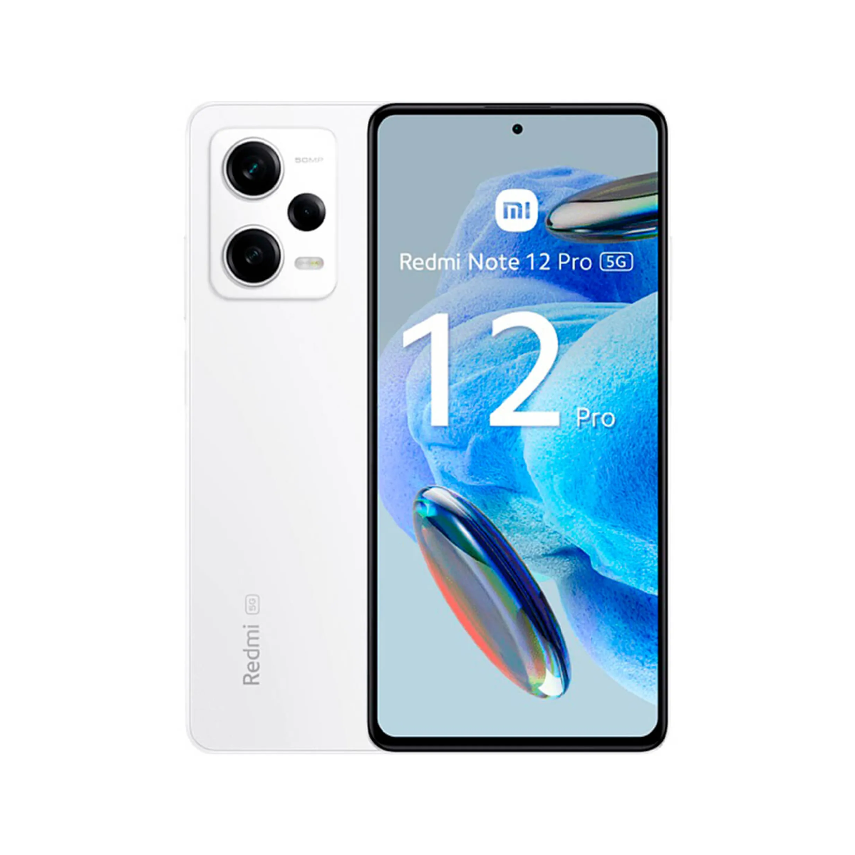 Biały telefon Redmi 12 Pro 5G. Posiada trzy tylne kamery i pełnoekranowy wyświetlacz.