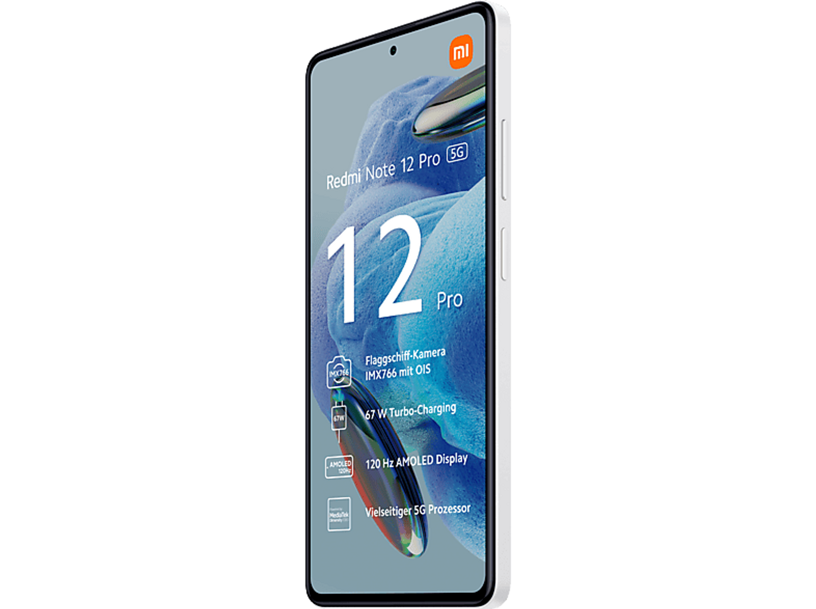 Biały smartfon z wyświetlaczem pokazującym informacje. Posiada potrójny aparat.