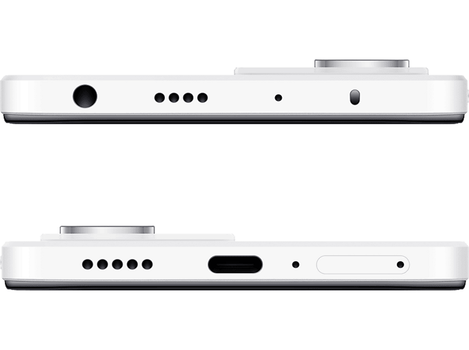 Zbliżenie dolnej części białego telefonu, pokazujące porty i głośniki.