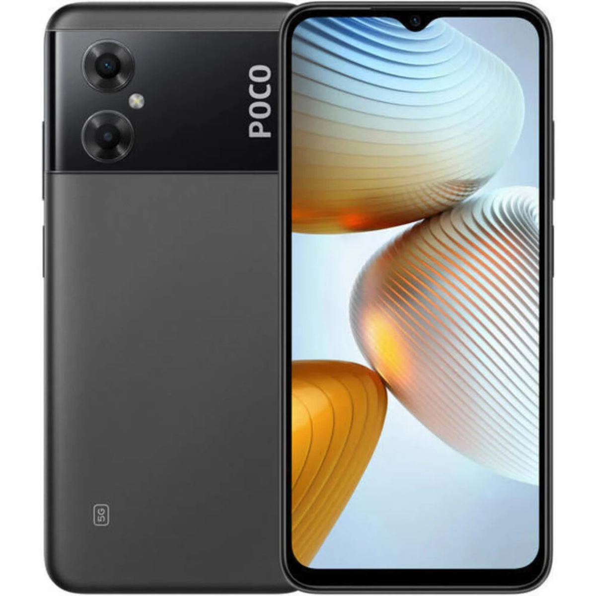 Smartphone nero, fronte e retro, modulo fotocamera. Il retro ha il marchio POCO.