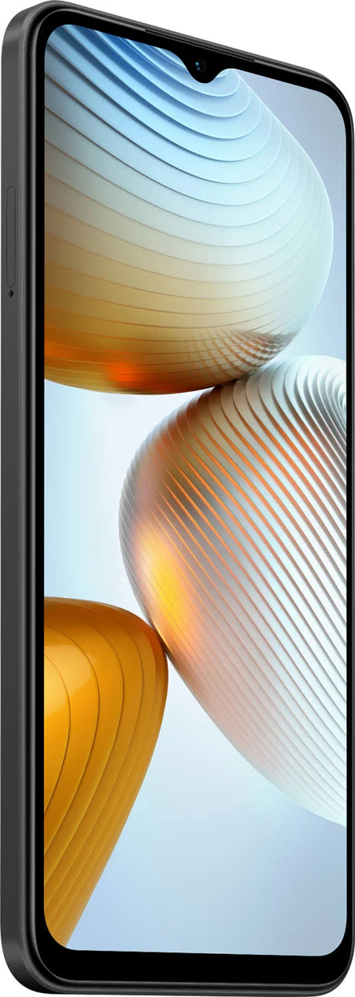 Smartphone nero angolato, che mostra uno schermo con forme astratte su sfondo azzurro.