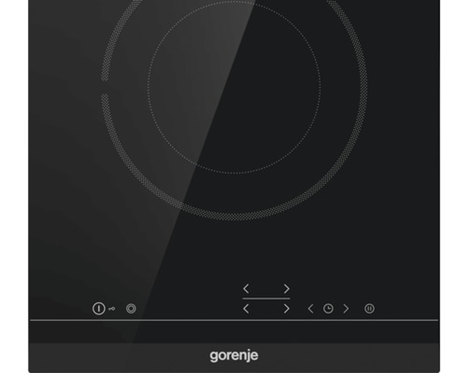 Czarna płyta indukcyjna Gorenje z jedną dużą strefą gotowania i sterowaniem dotykowym.
