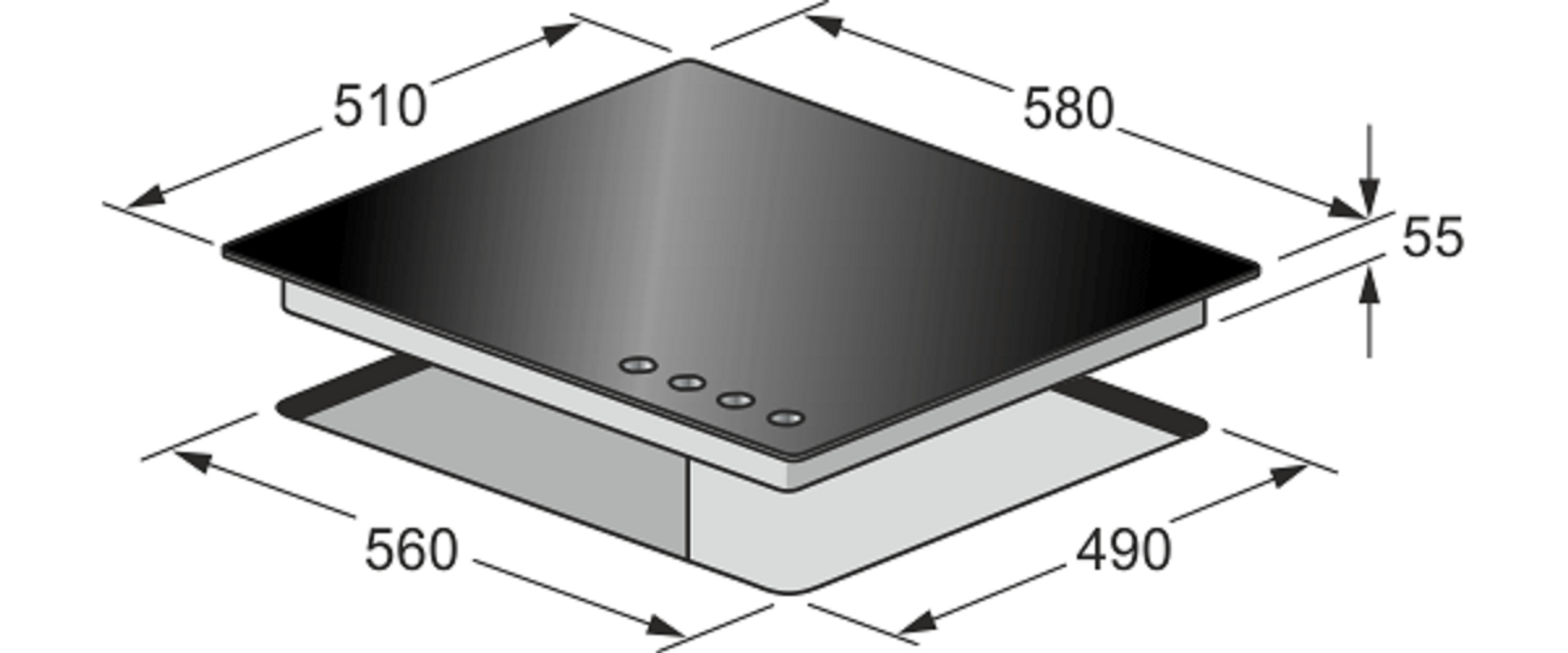 Technische Zeichnung eines Induktionskochfelds. Isometrische Ansicht mit Maßangaben.