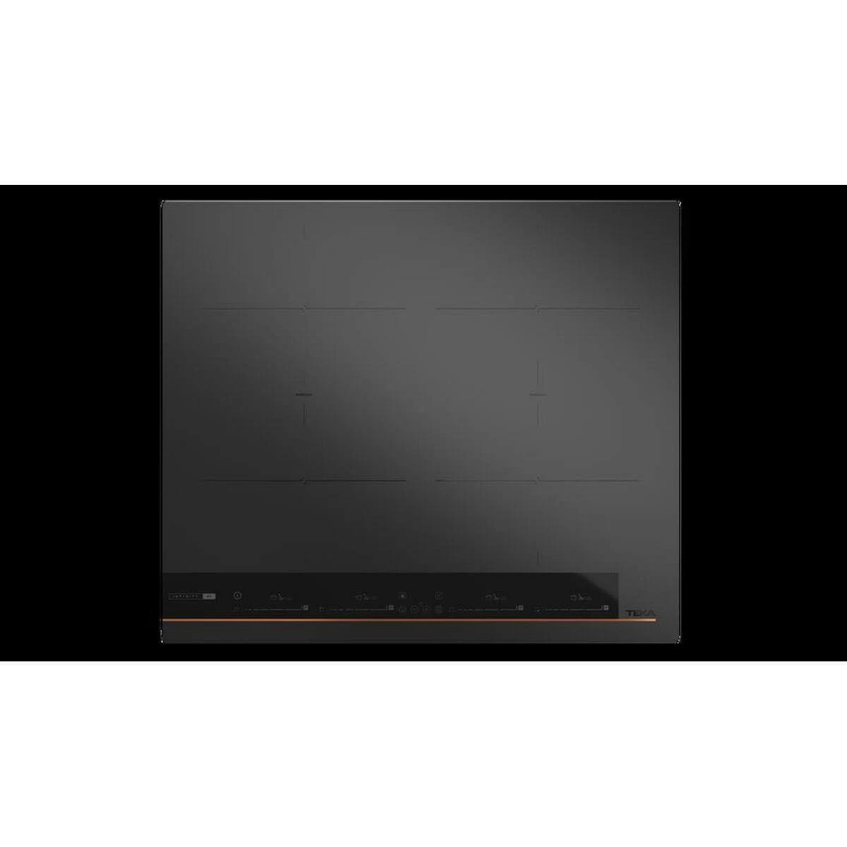 Widok z góry na czarną płytę indukcyjną z czterema palnikami i sterowaniem dotykowym.