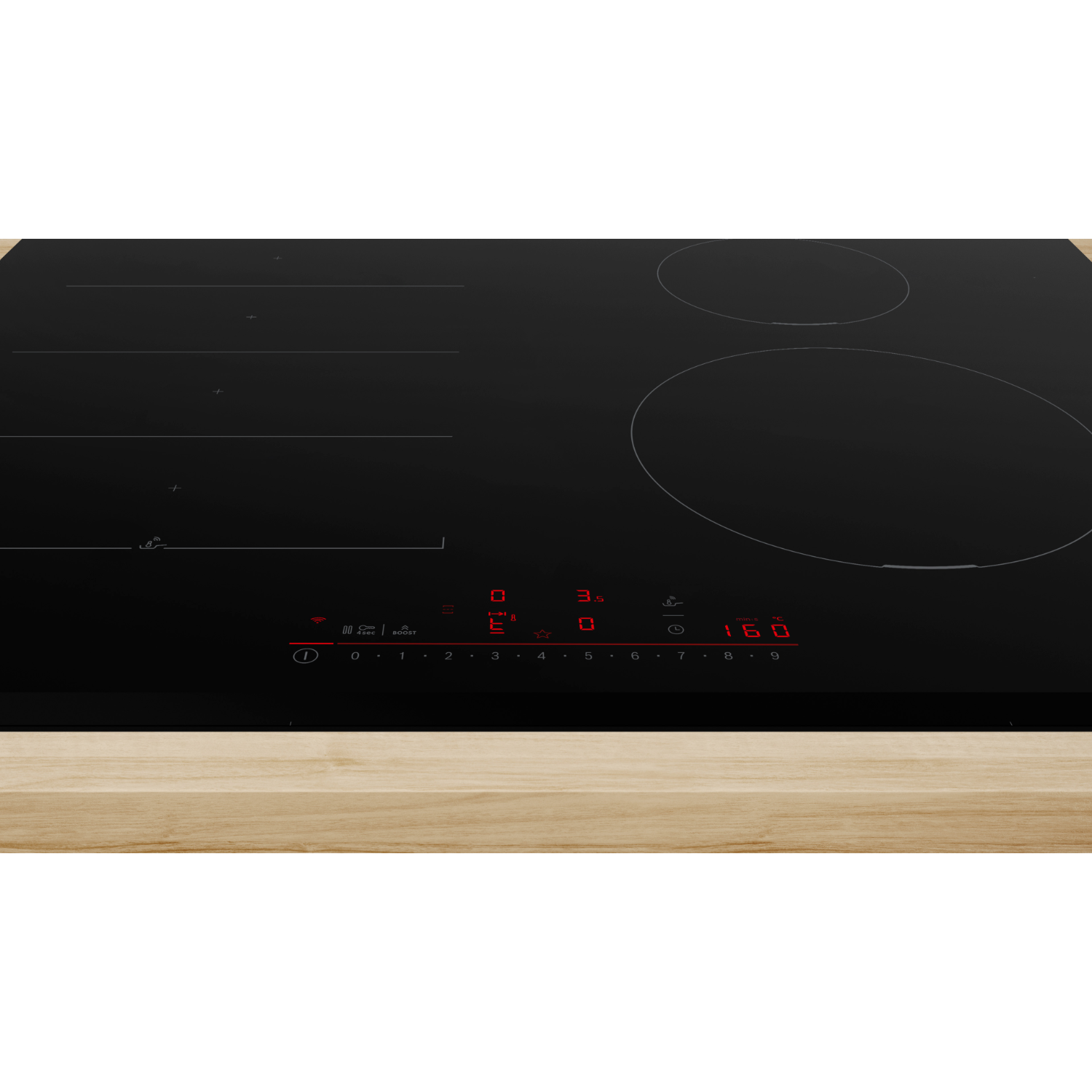 Czarna płyta indukcyjna z czterema strefami gotowania i czerwonym wyświetlaczem cyfrowym.