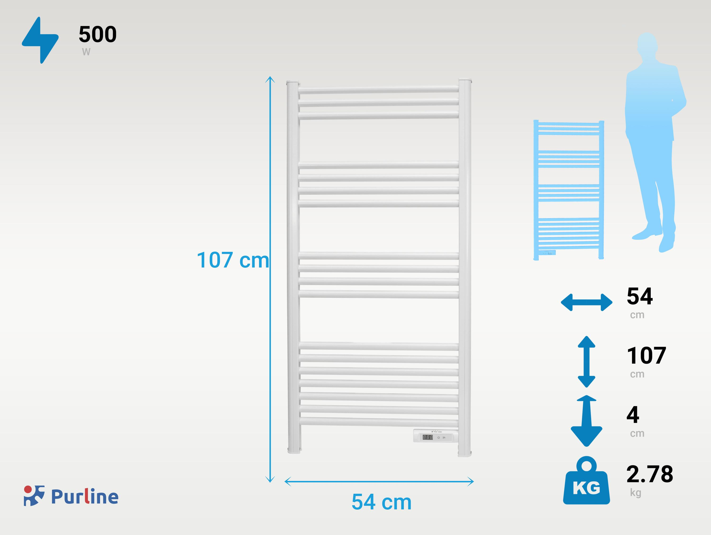 Radiador toallero blanco con medidas y silueta humana, mostrando dimensiones y consumo energético.