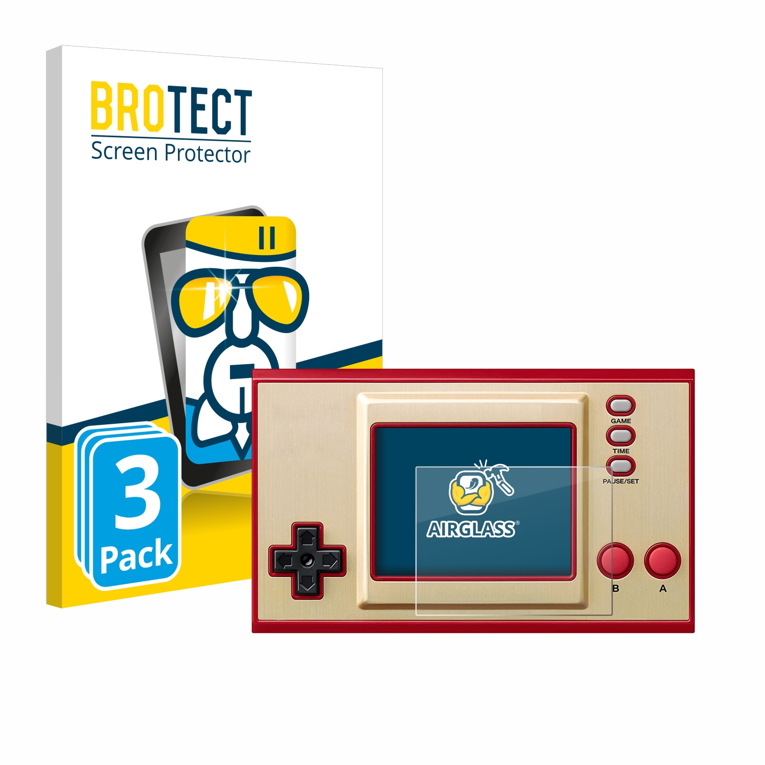 Displayschutzfolie und eine Retro-Handheld-Konsole.